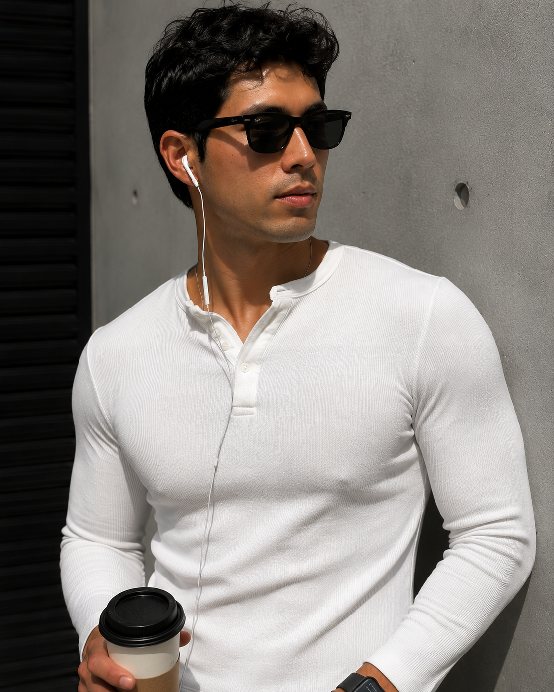 320GSM White Ribbed Henley Muscle Fit Tshirt