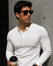 320GSM White Ribbed Henley Muscle Fit Tshirt