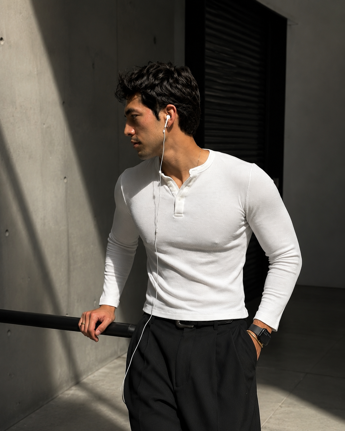 320GSM White Ribbed Henley Muscle Fit Tshirt