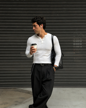 320GSM White Ribbed Henley Muscle Fit Tshirt