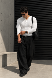 320GSM White Ribbed Henley Muscle Fit Tshirt