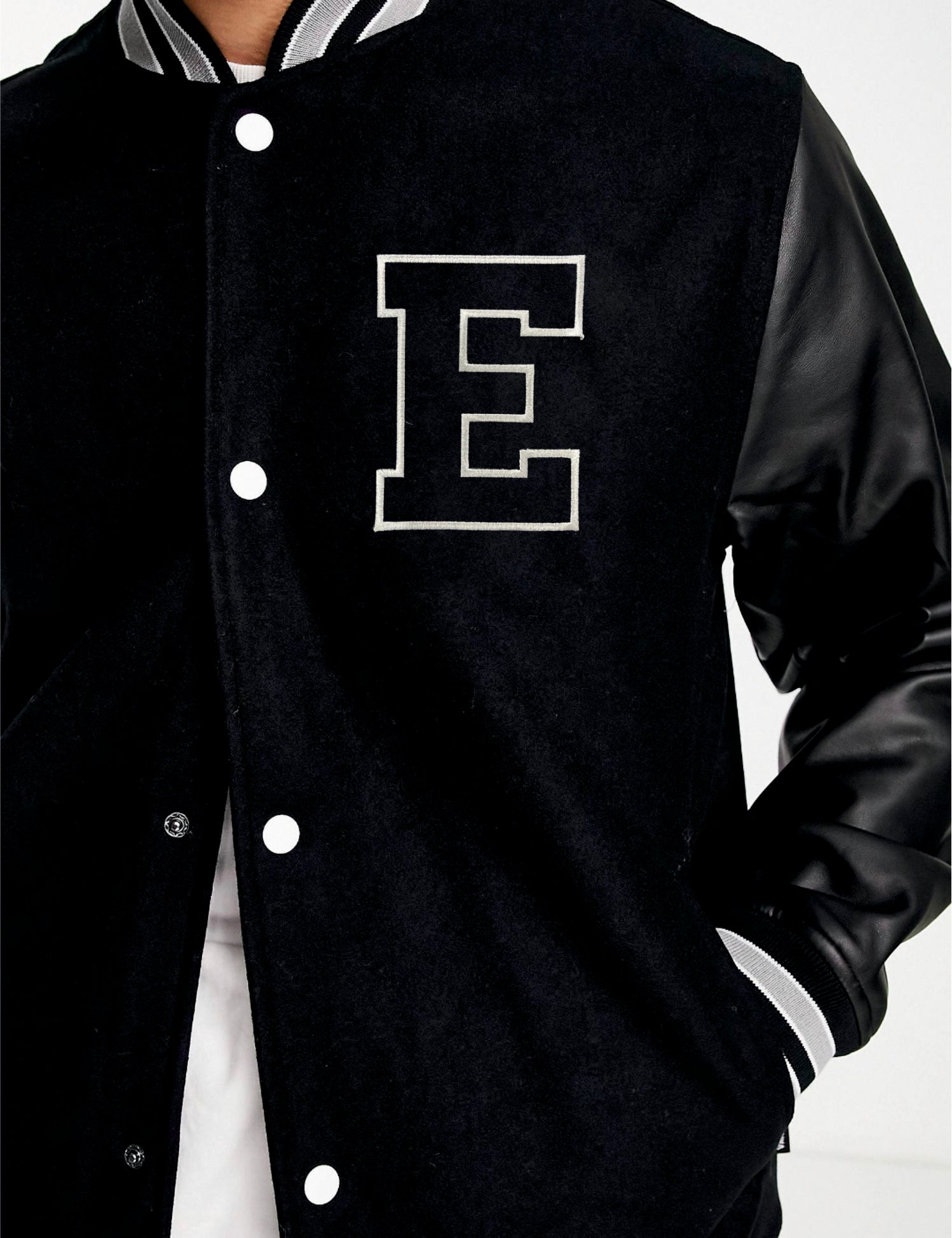 E Letterman Faux Leather Sleeve Varsity Jacket
