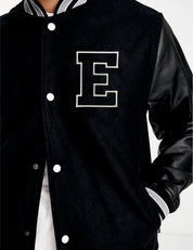 E Letterman Faux Leather Sleeve Varsity Jacket