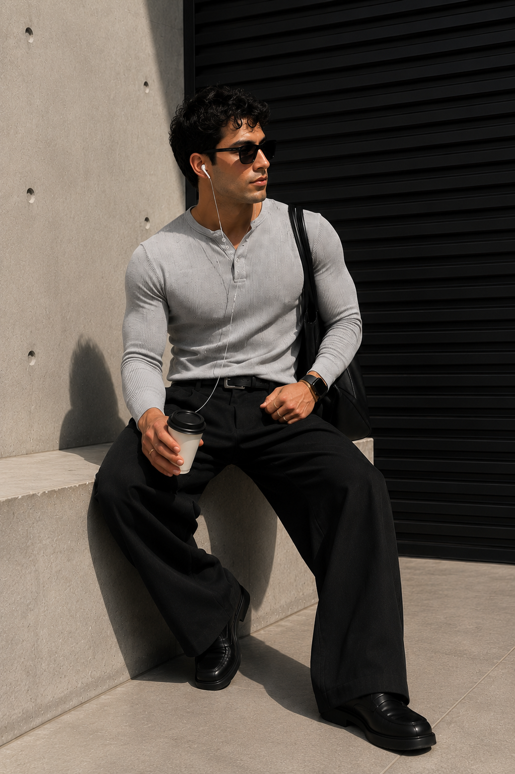 320GSM White Ribbed Henley Muscle Fit Tshirt