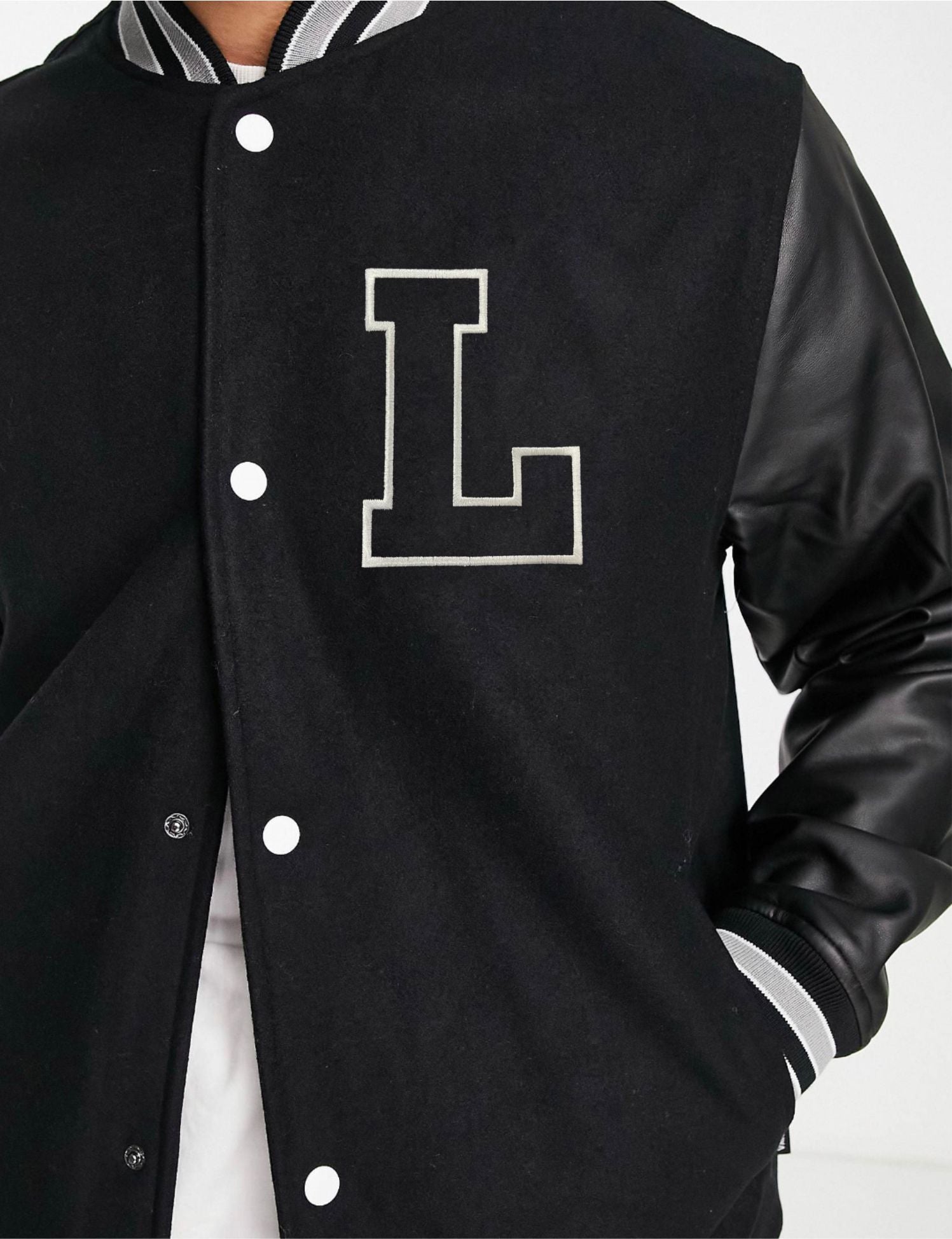 L Letterman Faux Leather Sleeve Varsity Jacket