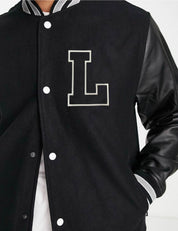 L Letterman Faux Leather Sleeve Varsity Jacket