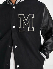 M Letterman Faux Leather Sleeve Varsity Jacket