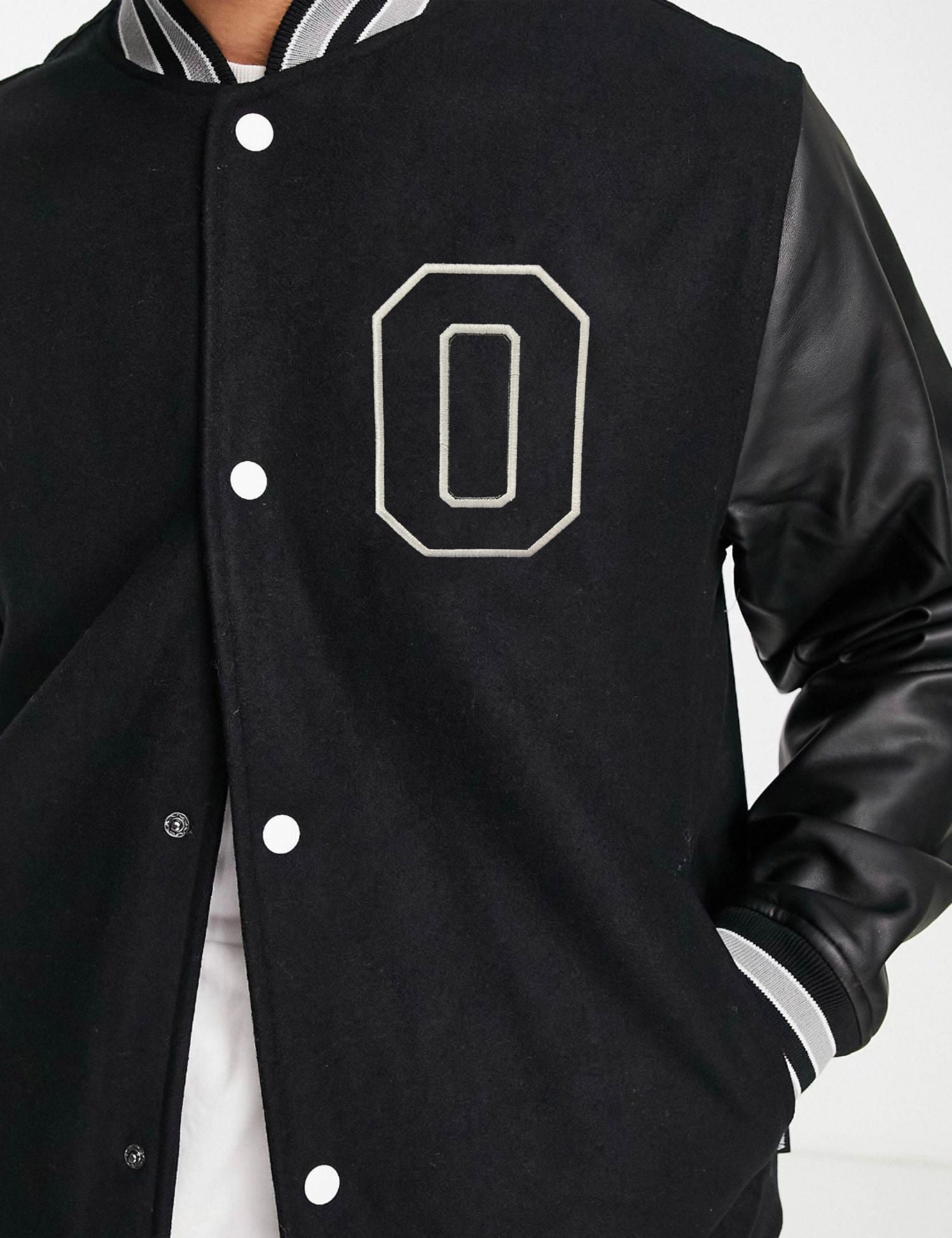 O Letterman Faux Leather Sleeve Varsity Jacket