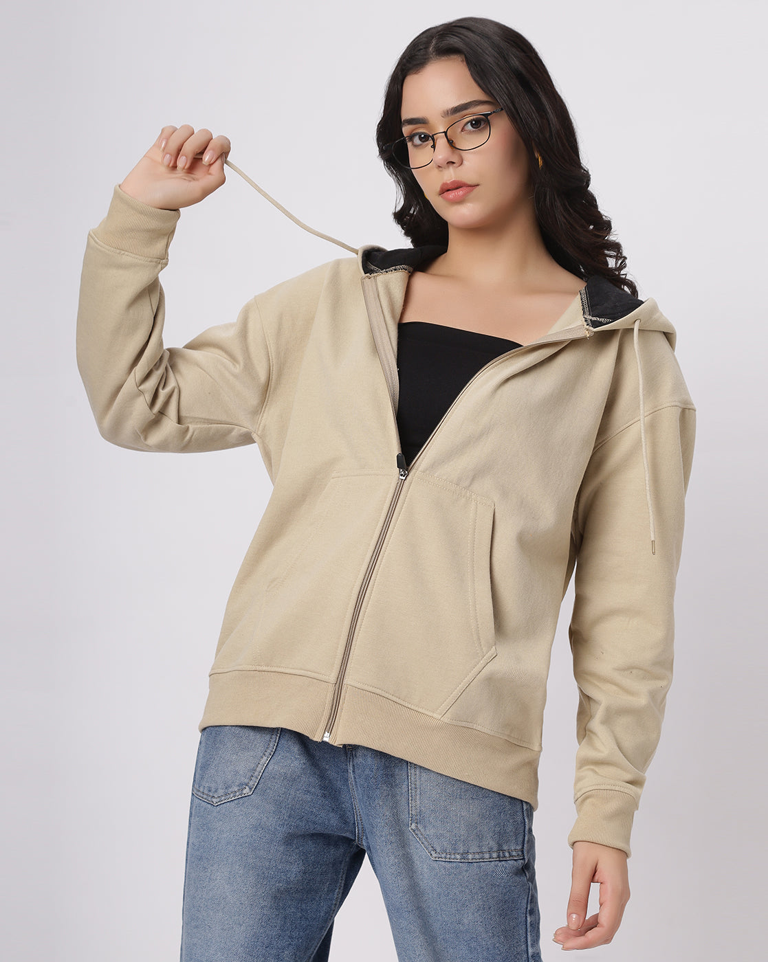 Beige Oversize Zipper Hoodie