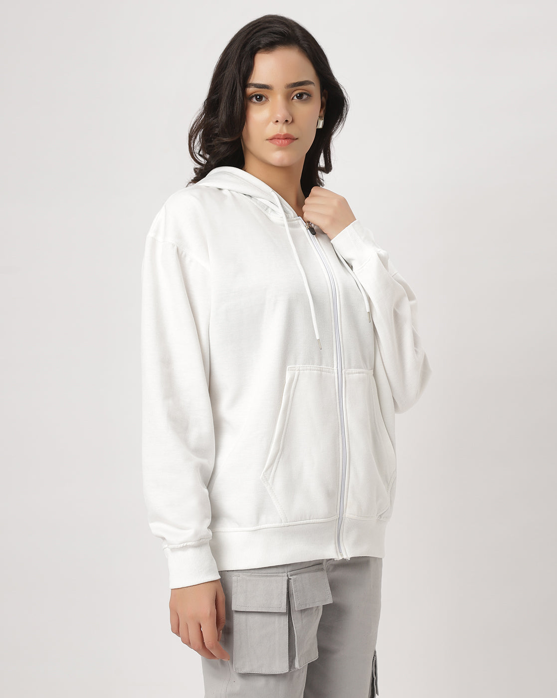 White Oversize Zipper Hoodie