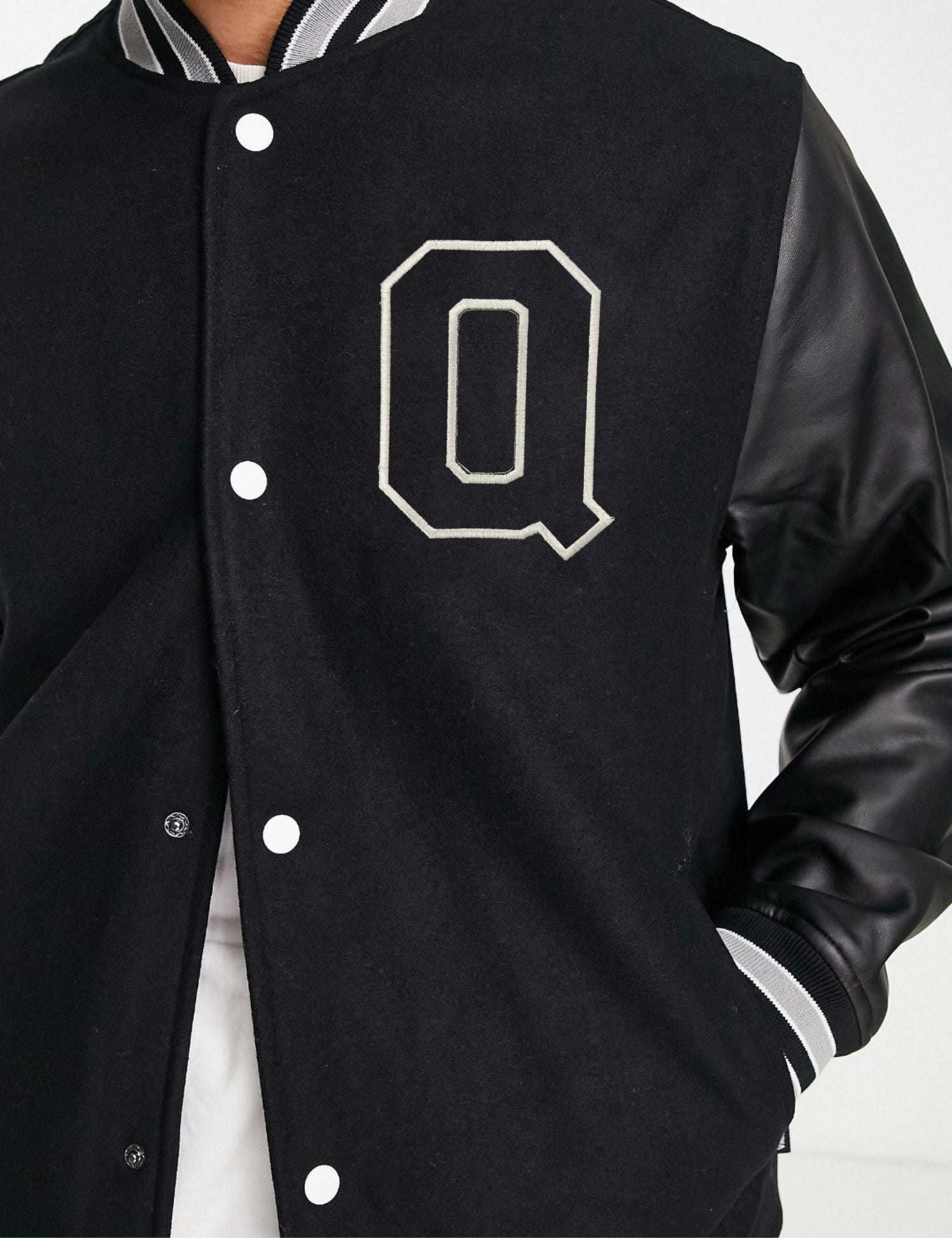 Q Letterman Faux Leather Sleeve Varsity Jacket