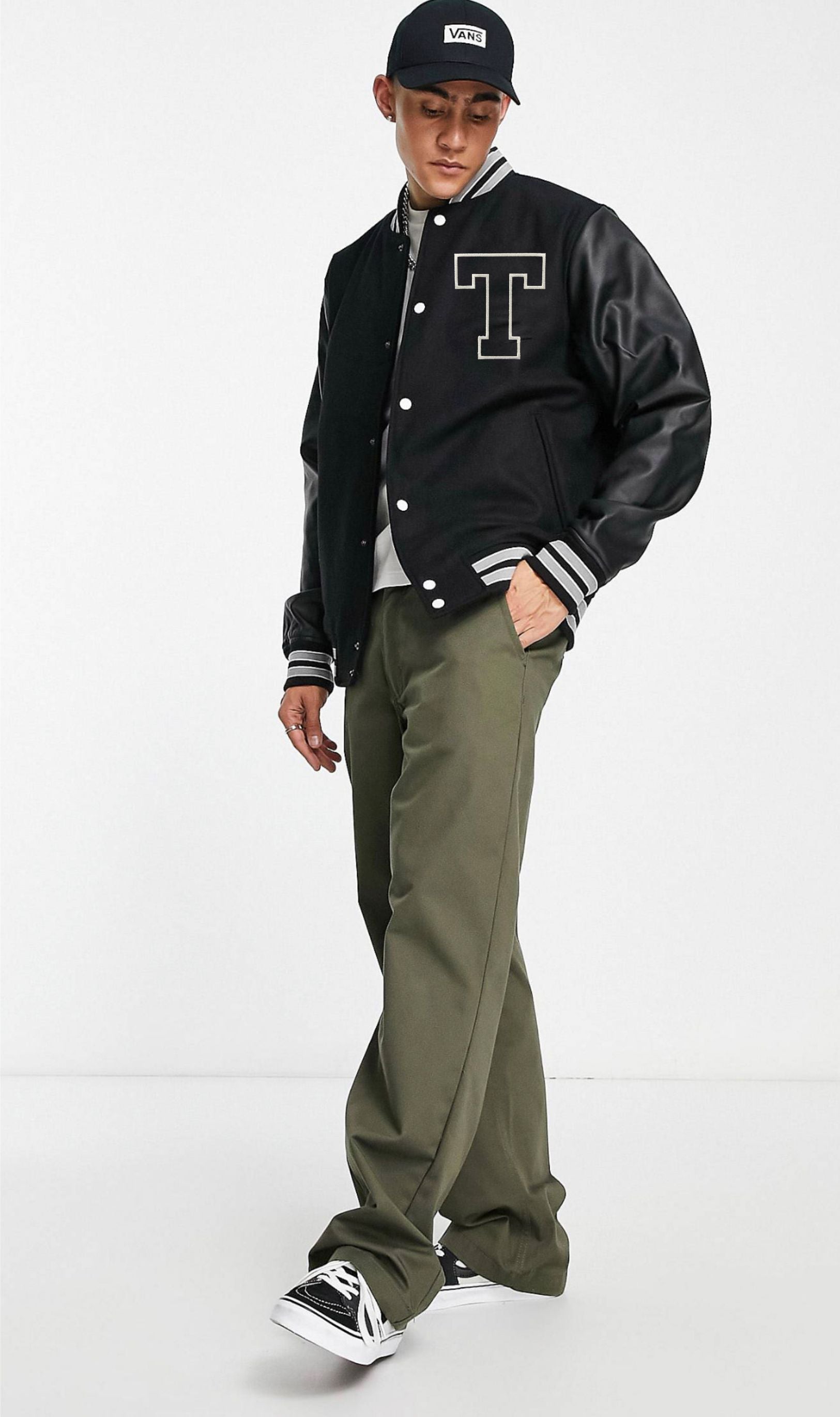 T Letterman Faux Leather Sleeve Varsity Jacket