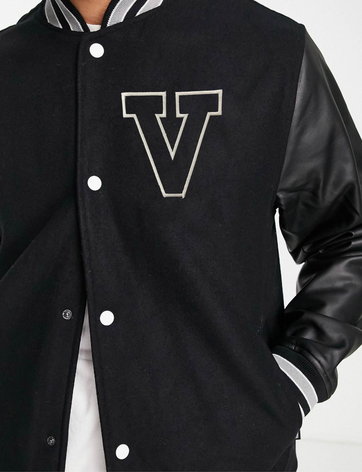 V Letterman Faux Leather Sleeve Varsity Jacket