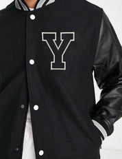 Y Letterman Faux Leather Sleeve Varsity Jacket